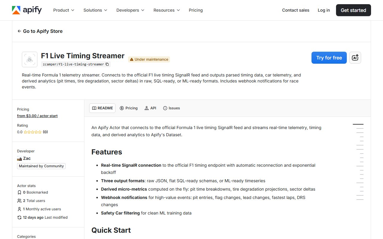 F1 Live Timing Streamer Apify Actor page