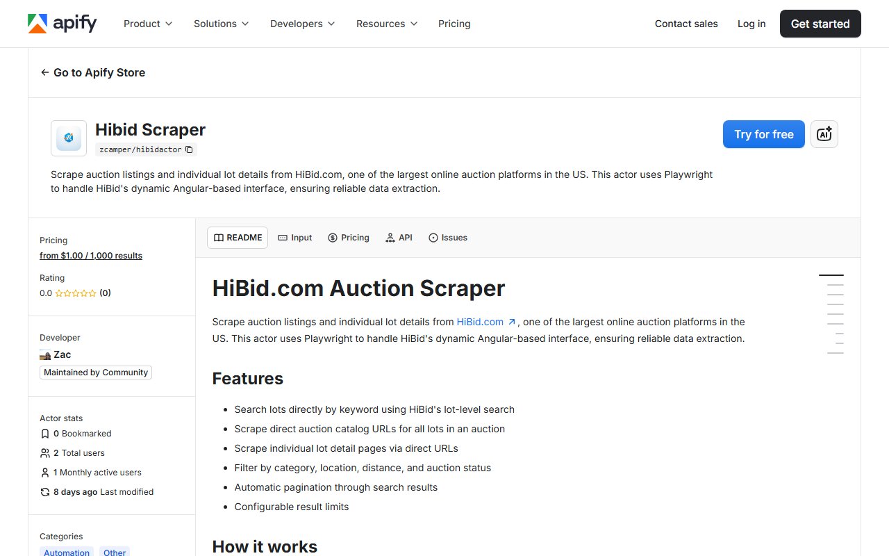 HiBid Auction Scraper Apify Actor page