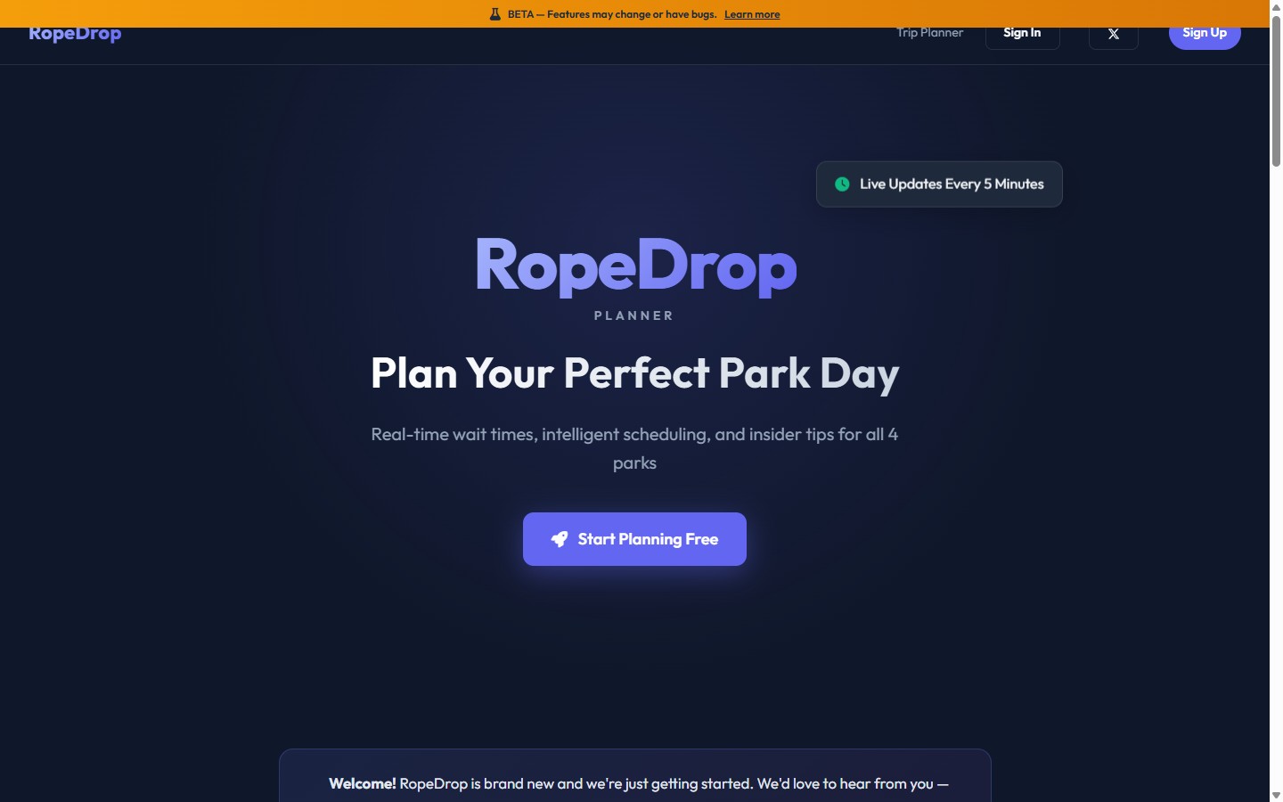 RopeDrop Disney vacation planning app homepage